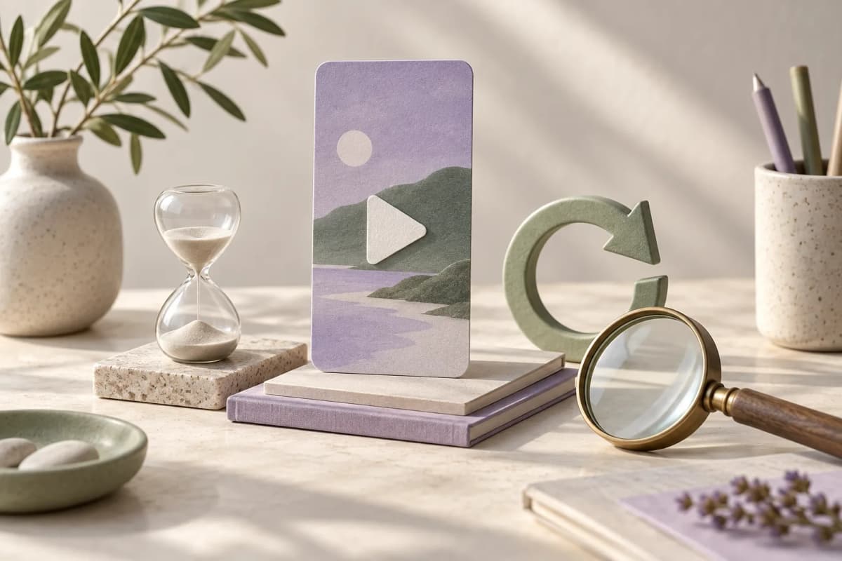 Koncepční ilustrace videokarty, přesýpacích hodin, kruhové šipky a lupy.